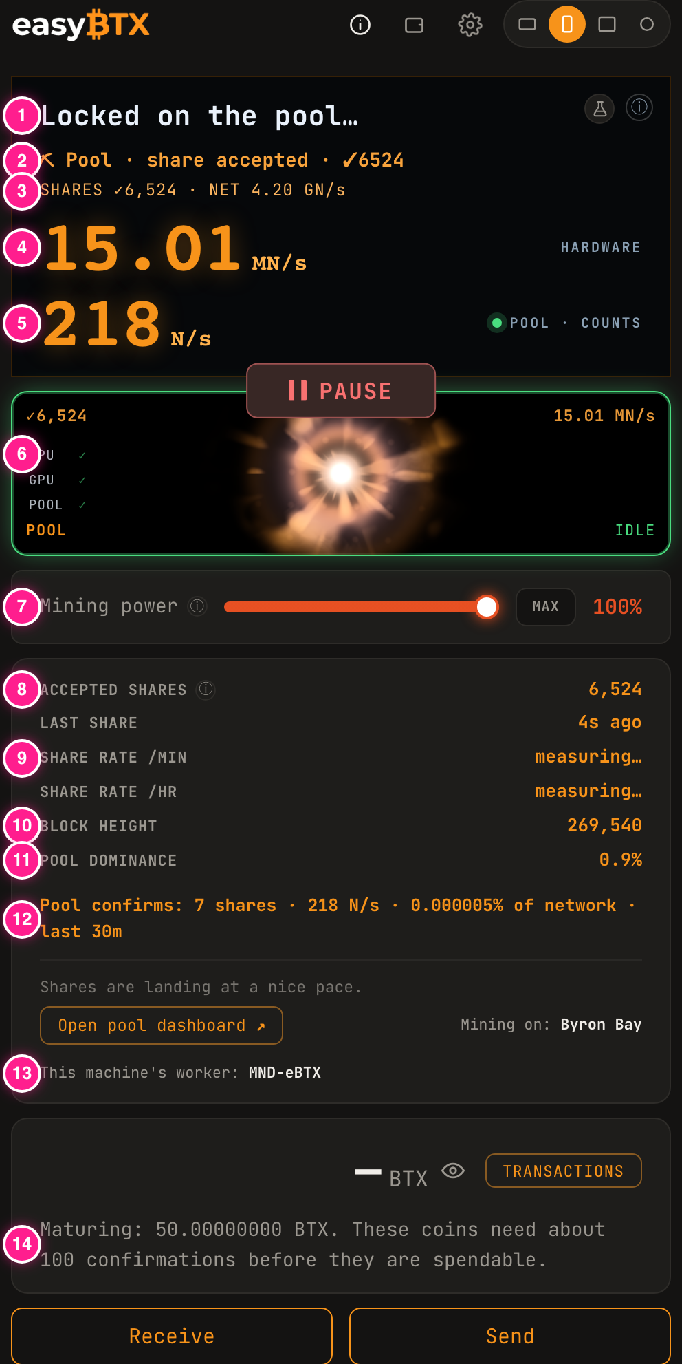 The easyBTX main screen with numbered labels on every readout