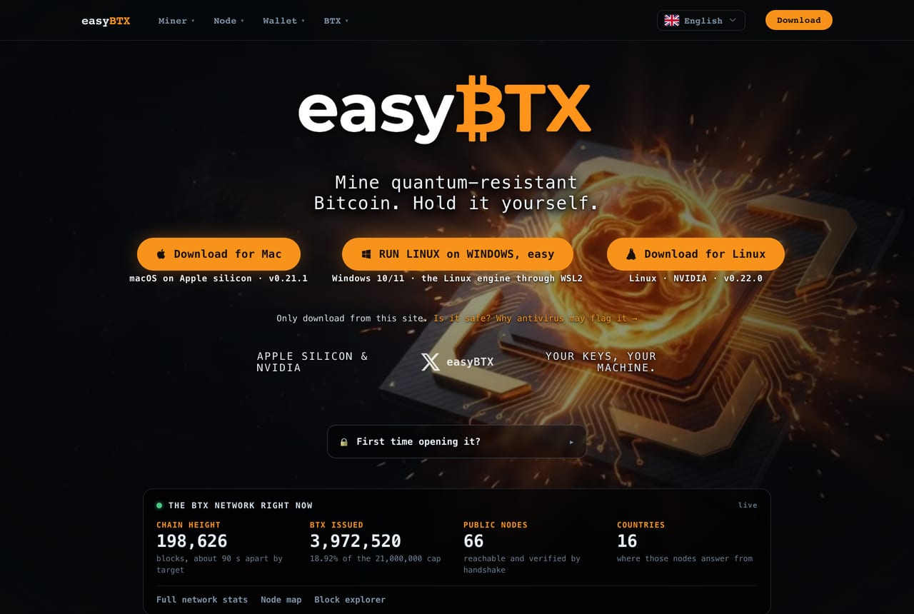 The easyBTX site on 23 August 2026, reading the live chain height, issuance against the 21,000,000 cap, and the number of reachable public nodes.