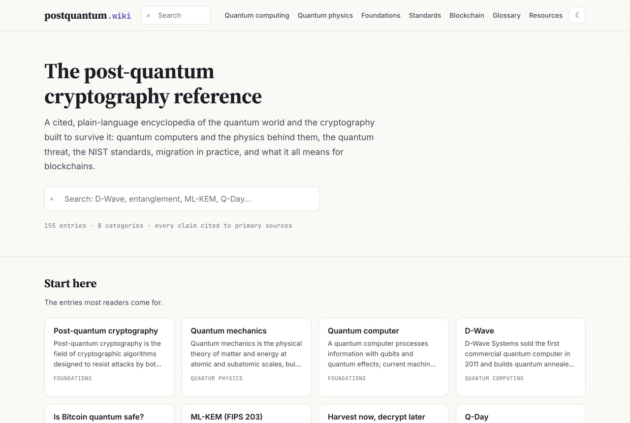 postquantum.wiki, a cited plain-language encyclopedia of post-quantum cryptography.