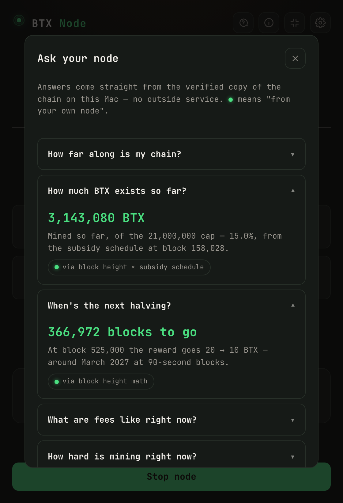 Ask your node: cited answers about supply and the next halving, straight from your own copy of the chain