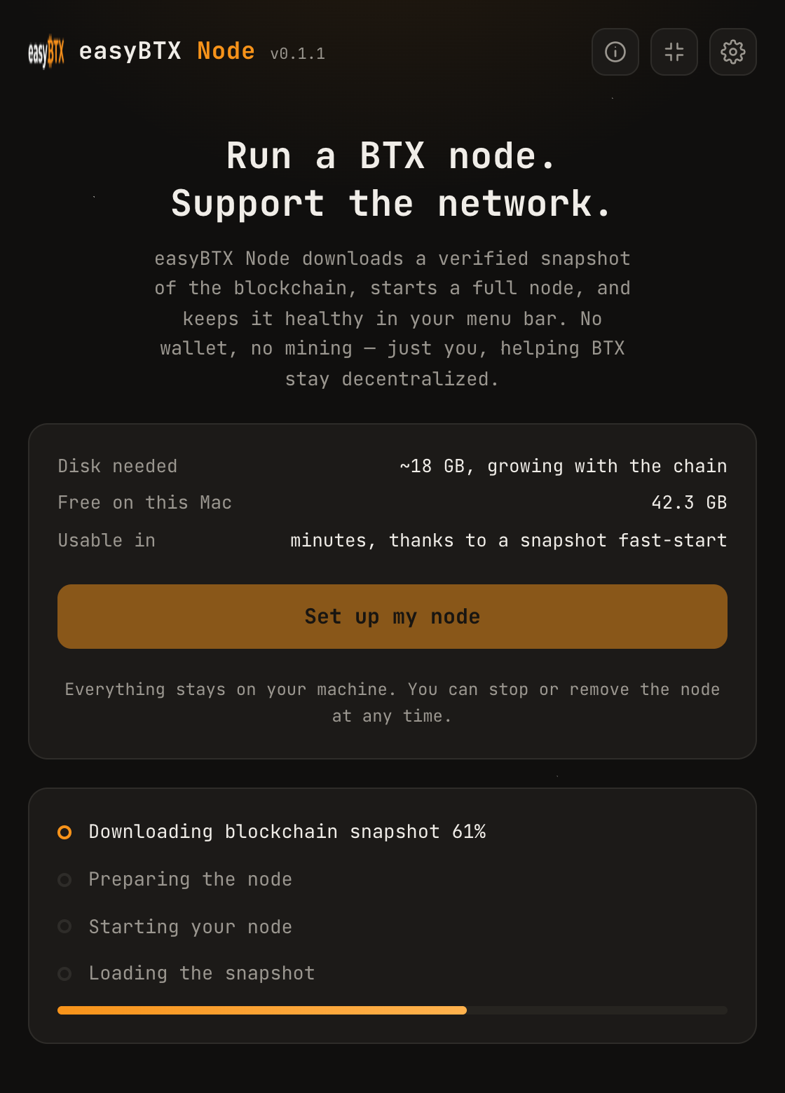 BTX Node setup progress: downloading the blockchain snapshot