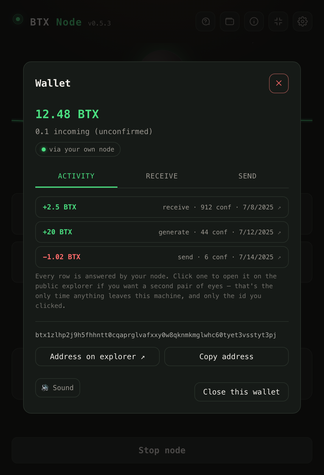 The easyNode wallet: activity, receive and send tabs, a node-verified balance, money-in green and money-out red, with explorer links