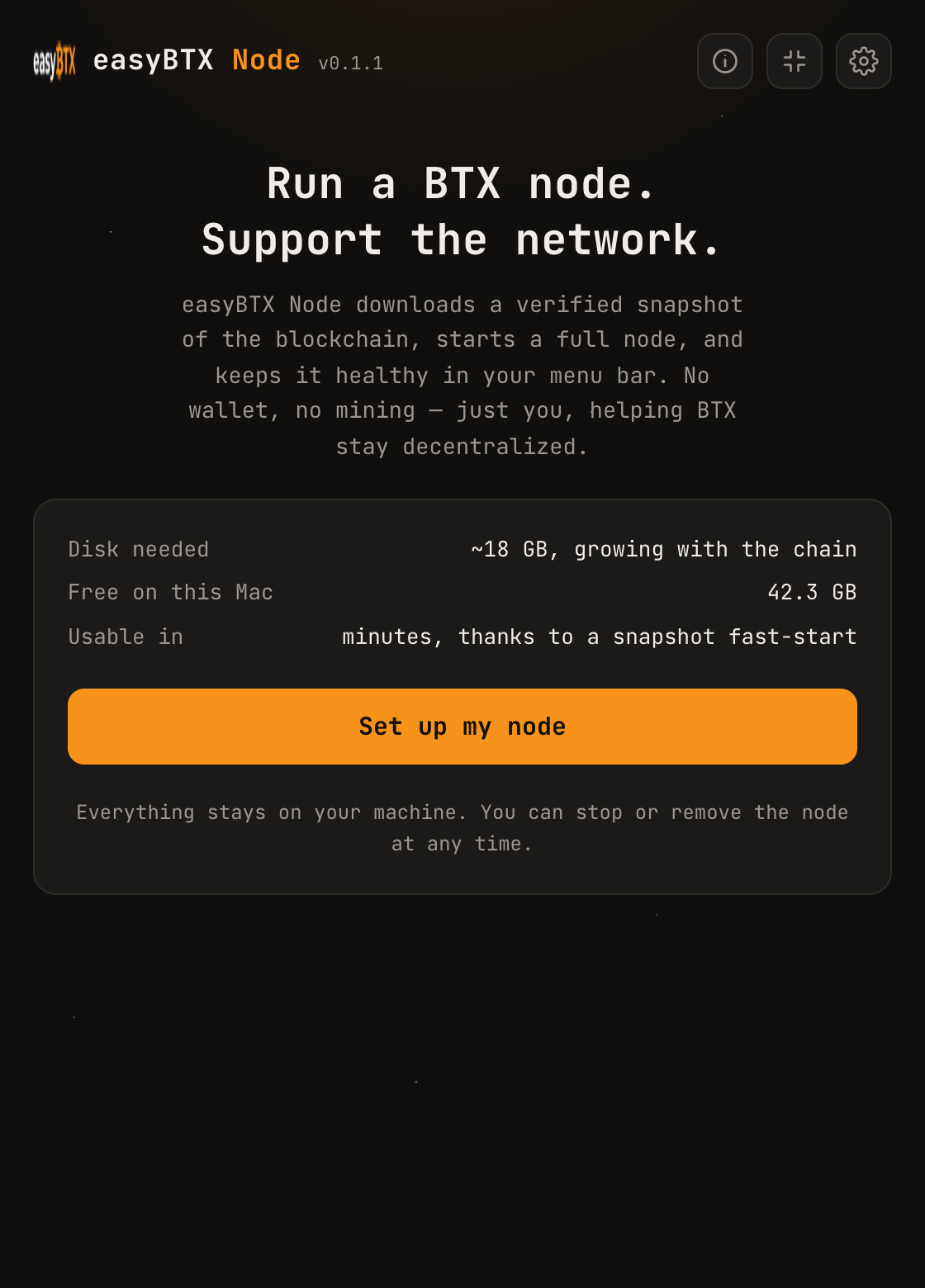 BTX Node first-run screen with the Set up my node button