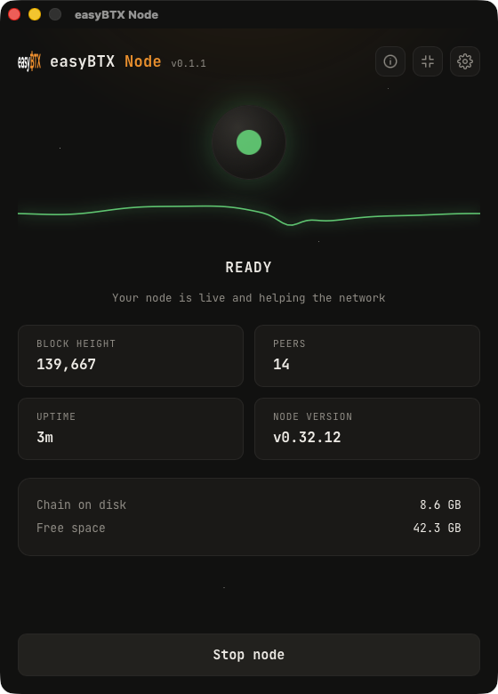 easyBTX Node running: READY status with block height, peers, uptime and disk usage