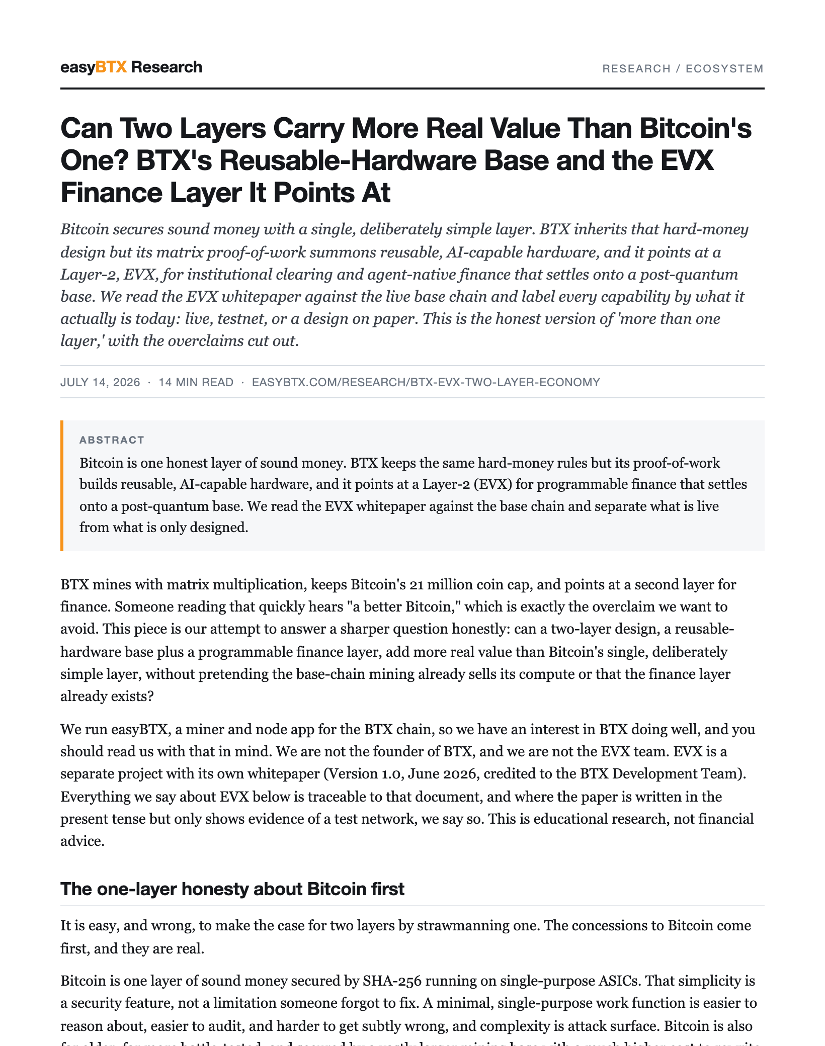 First page of Can Two Layers Carry More Real Value Than Bitcoin's One? BTX's Reusable-Hardware Base and the EVX Finance Layer It Points At as a PDF paper