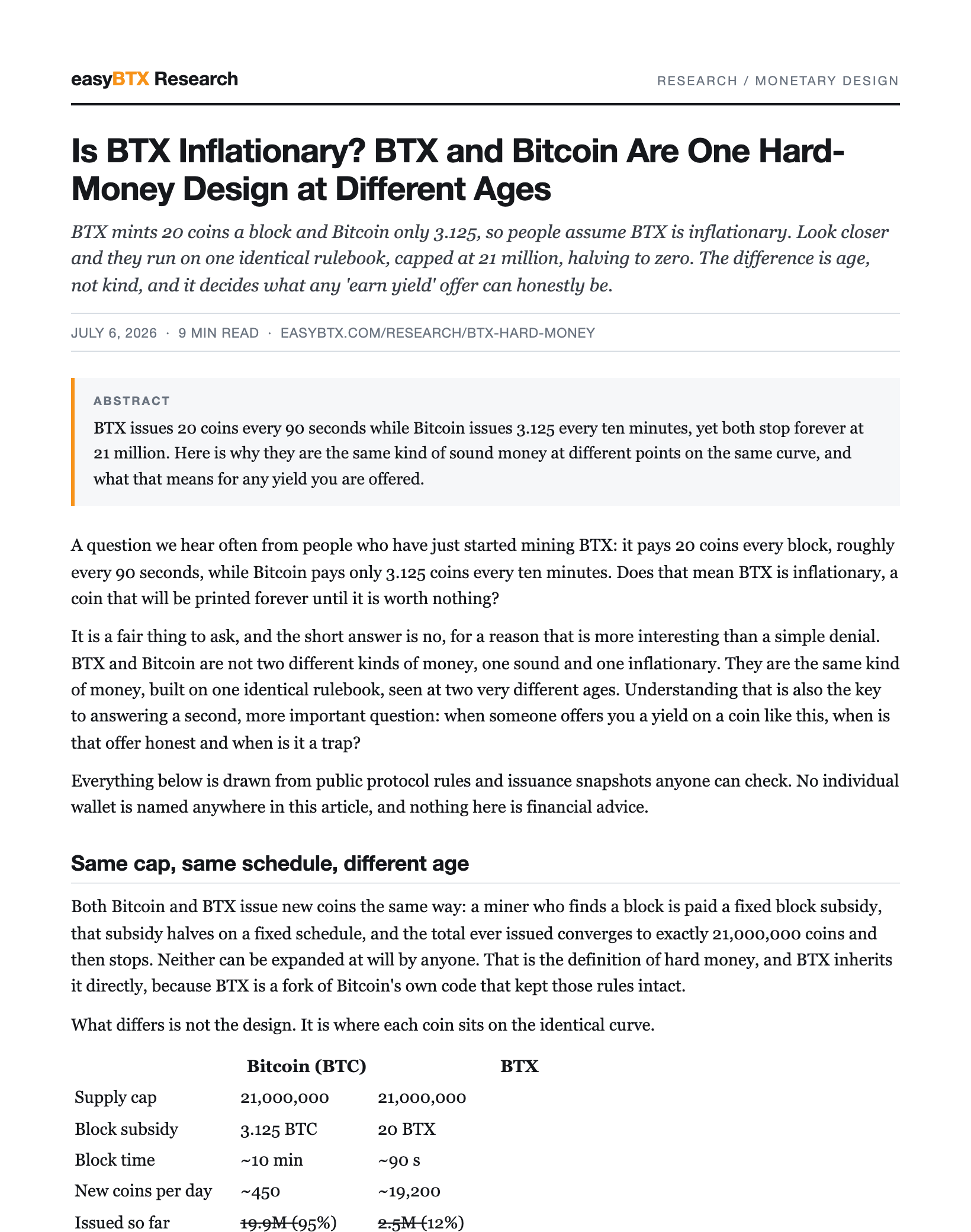 First page of Is BTX Inflationary? BTX and Bitcoin Are One Hard-Money Design at Different Ages as a PDF paper