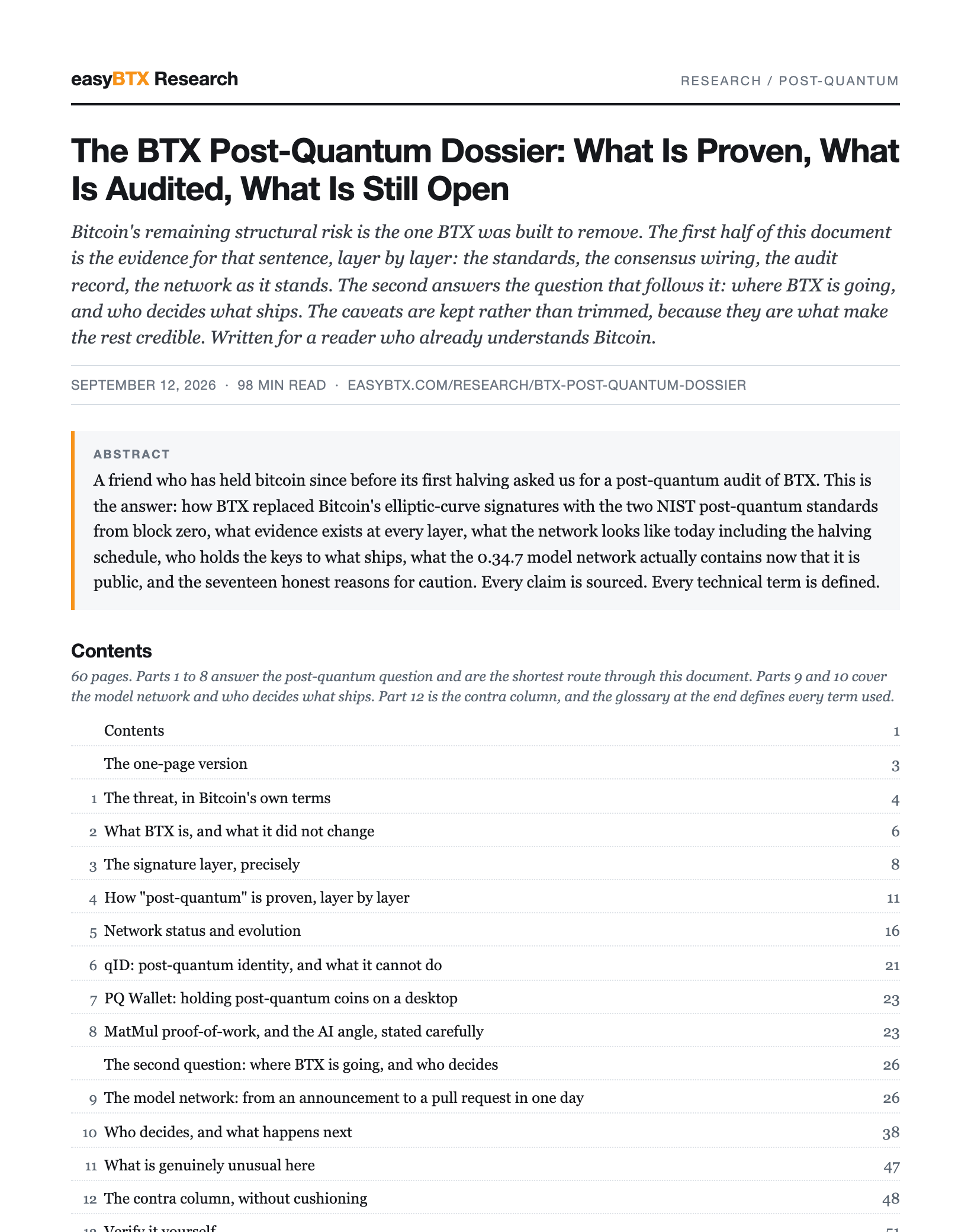 First page of The BTX Post-Quantum Dossier: What Is Proven, What Is Audited, What Is Still Open as a PDF paper