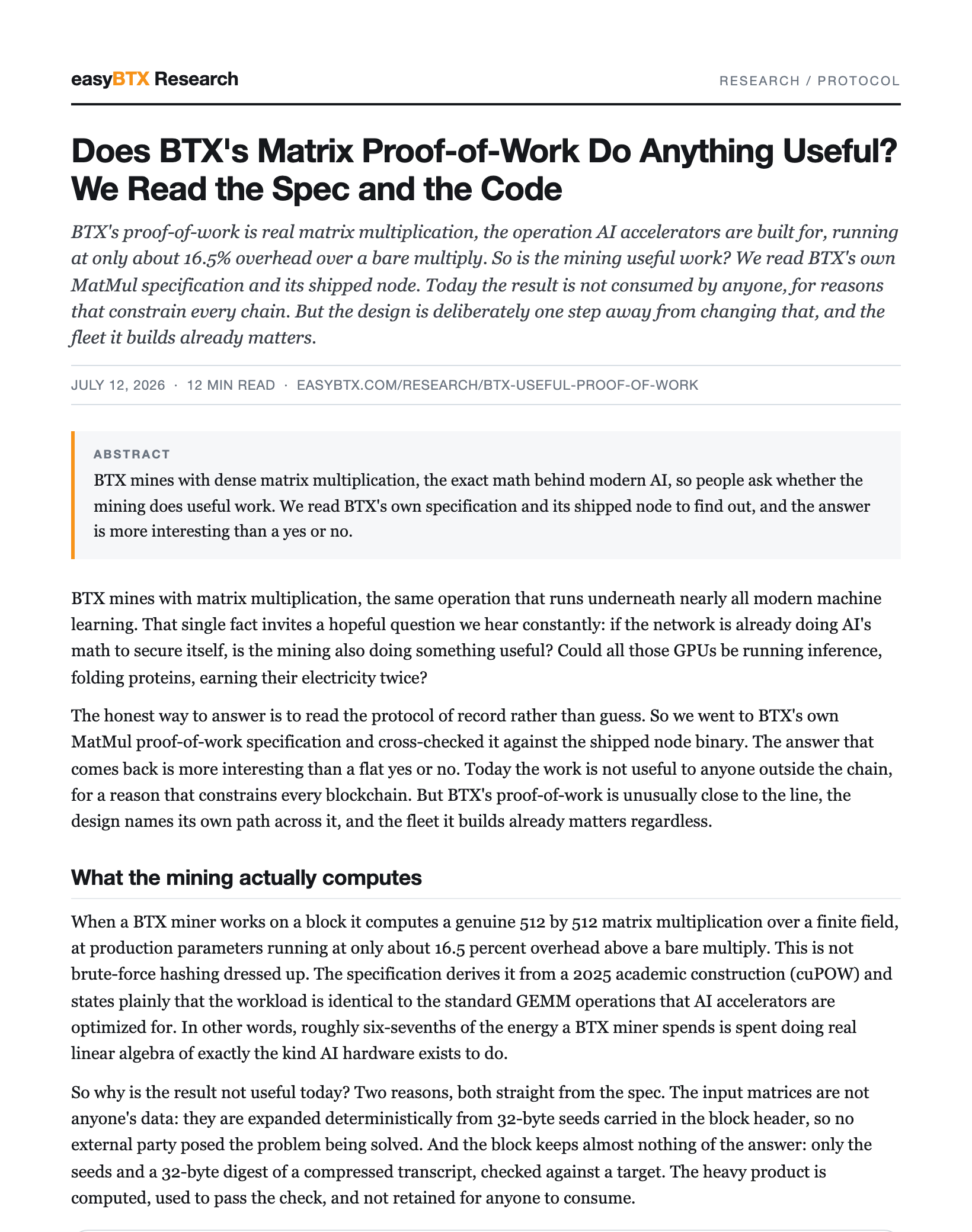 First page of Does BTX's Matrix Proof-of-Work Do Anything Useful? We Read the Spec and the Code as a PDF paper