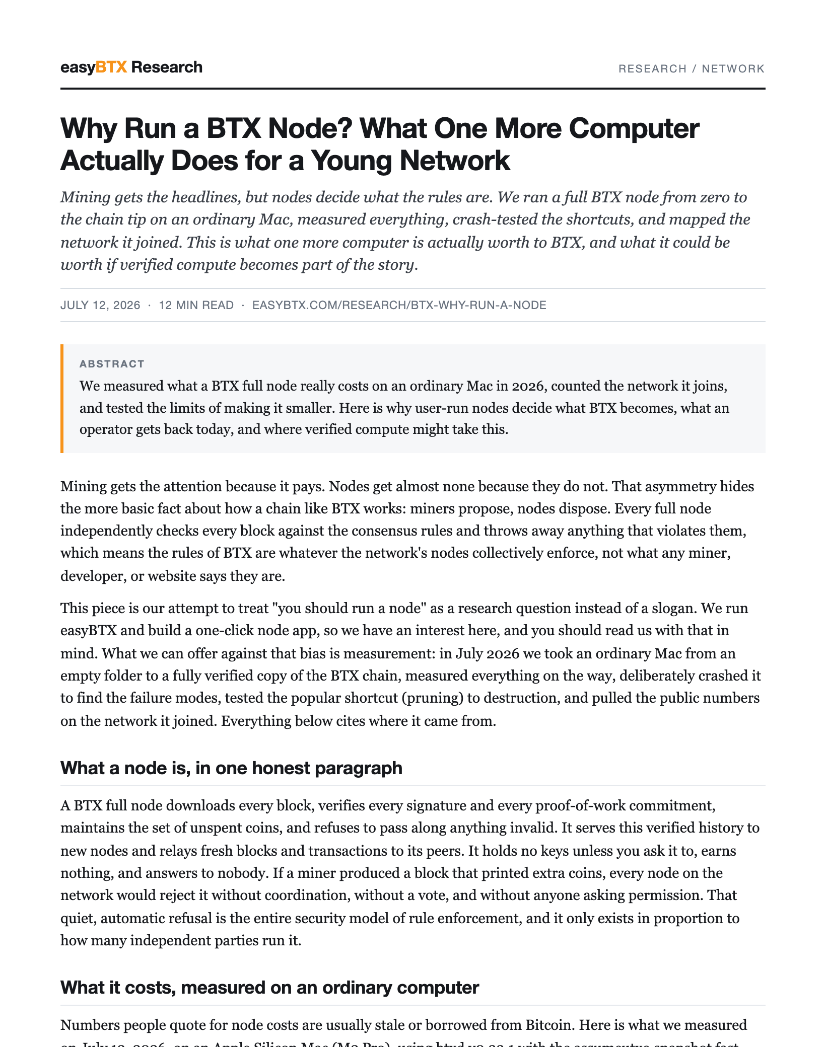 First page of Why Run a BTX Node? What One More Computer Actually Does for a Young Network as a PDF paper