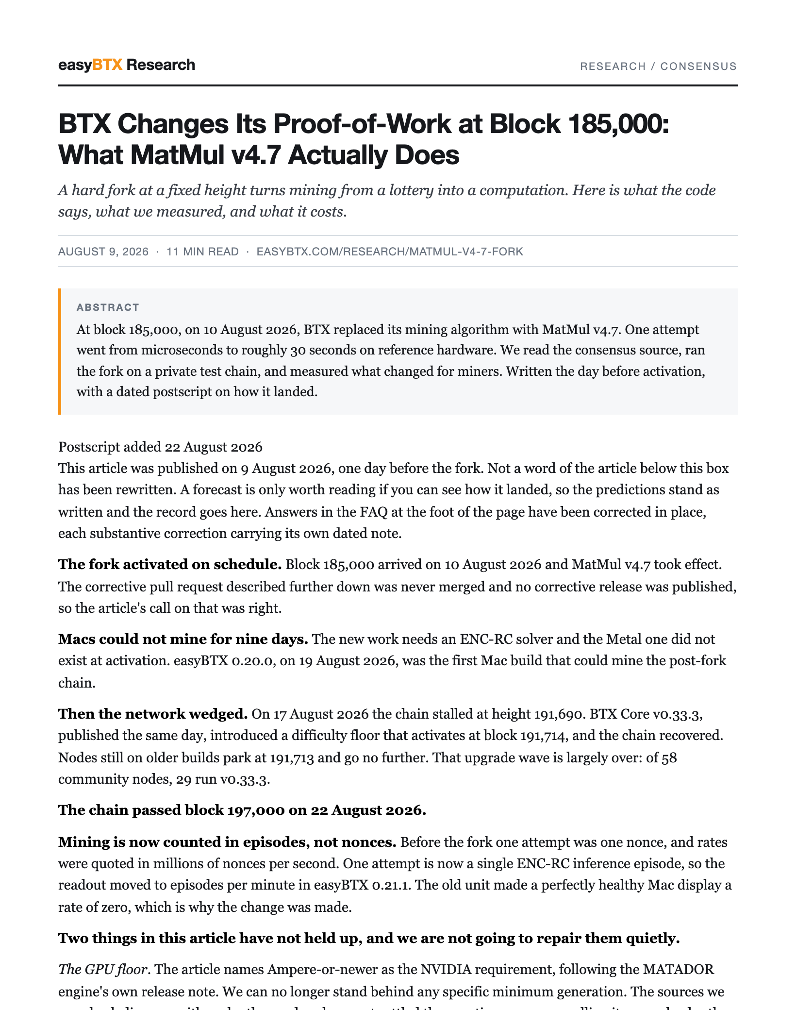 First page of BTX Changes Its Proof-of-Work at Block 185,000: What MatMul v4.7 Actually Does as a PDF paper
