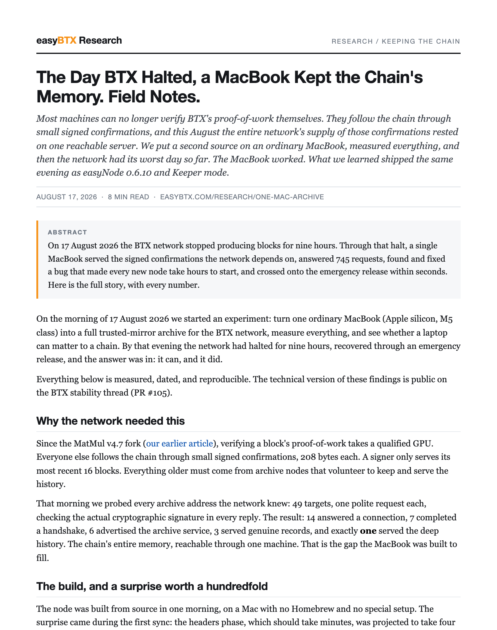 First page of The Day BTX Halted, a MacBook Kept the Chain's Memory. Field Notes. as a PDF paper