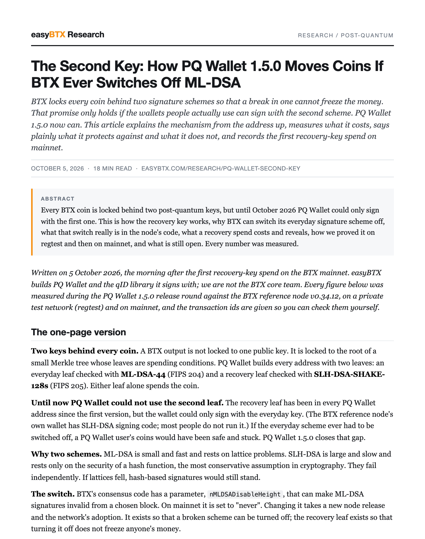 First page of The Second Key: How PQ Wallet 1.5.0 Moves Coins If BTX Ever Switches Off ML-DSA as a PDF paper