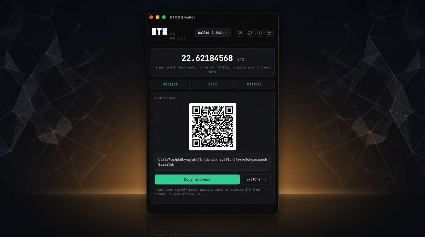 BTX PQ wallet showing balance, send, and transaction history on a dark desktop interface